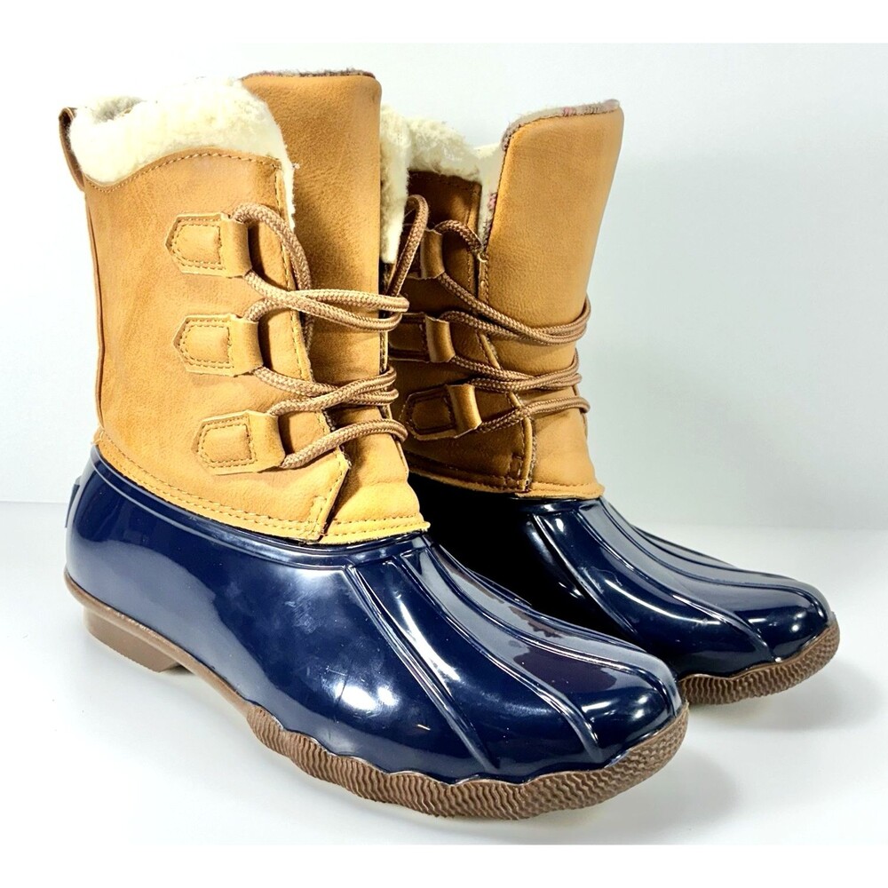 Jessica Carlyle Gavin Ankle Duck Boots Navy & Brown Women Size 8.5